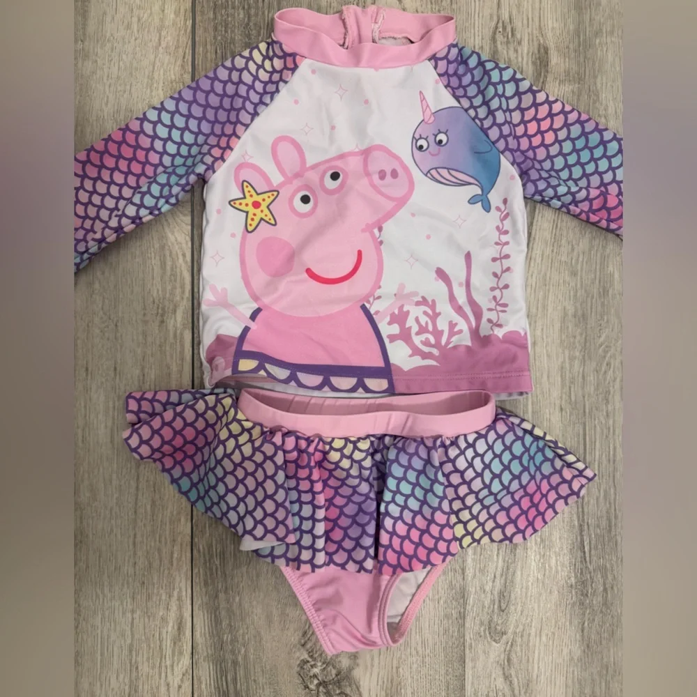PatPat Girls Pink Purple Mermaid Peppa Pig Rashguard Swimsuit Set